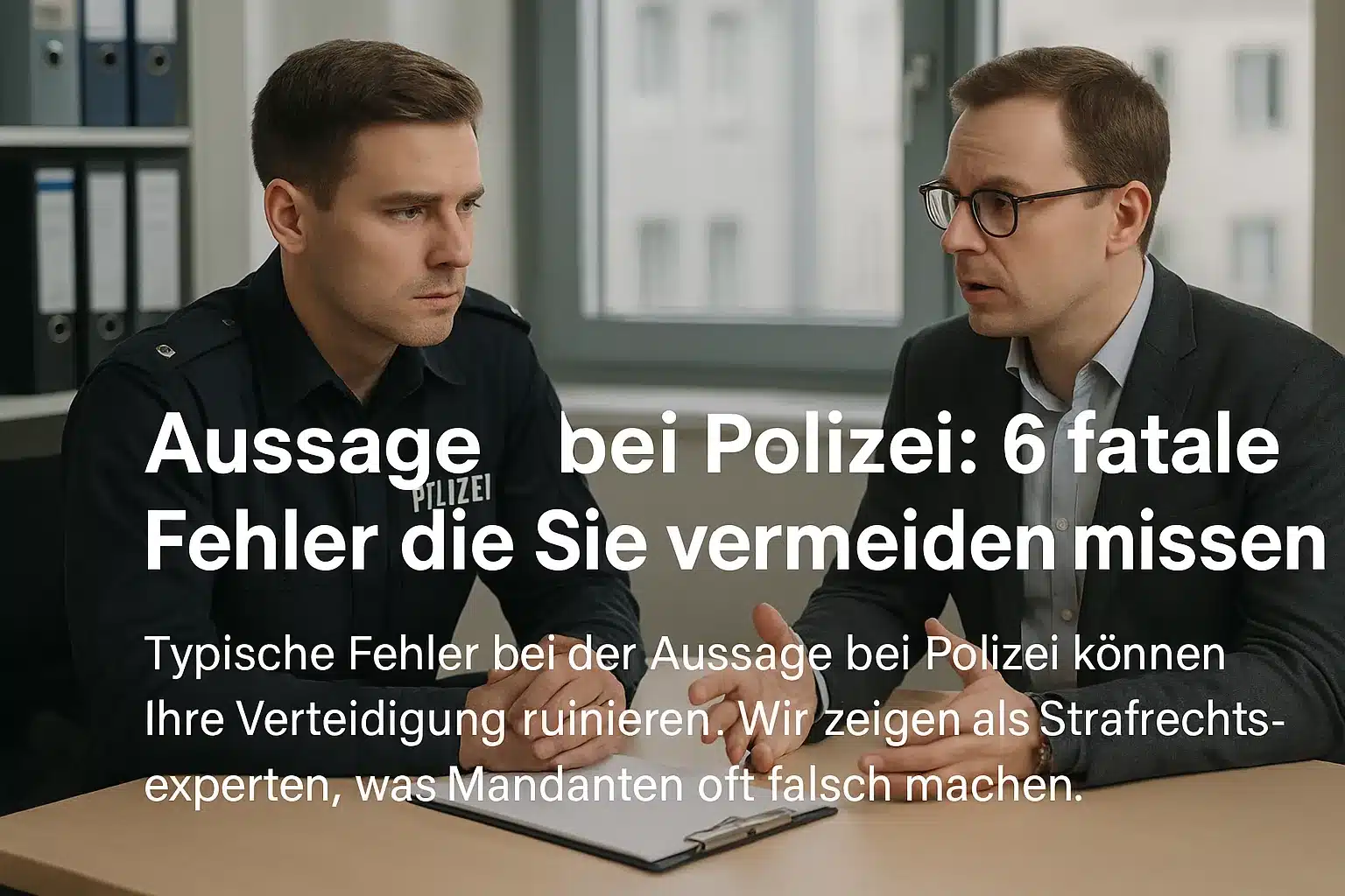foto realistisches bild, seriös, dezent, professionell, keine sheriff uniform wir sind in deutschland.
Meta Title: Aussage bei Polizei: 6 fatale Fehler die Sie vermeiden müssen

Meta Description: Typische Fehler bei der Aussage bei Polizei können Ihre Verteidigung ruinieren. Wir zeigen als Strafrechtsexperten, was Mandanten oft falsch machen.